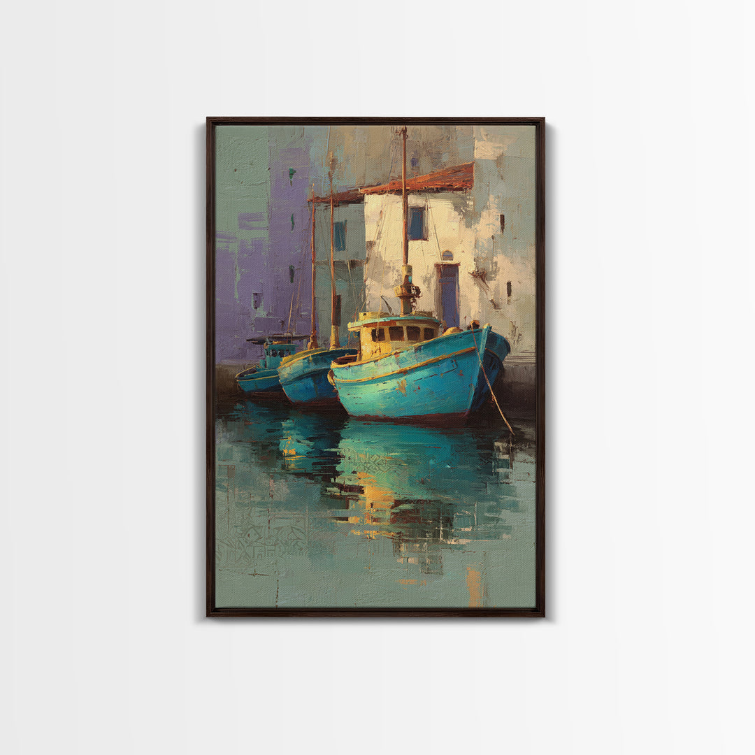Coastal Fishing Boats Canvas Print, Mediterranean Art, Minimalist Wall Art, Living Room Decor, Fine Art, Azure, Neutral Decor, MAR-2x3-15