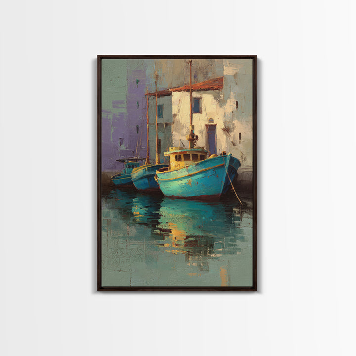 Coastal Fishing Boats Canvas Print, Mediterranean Art, Minimalist Wall Art, Living Room Decor, Fine Art, Azure, Neutral Decor, MAR-2x3-15