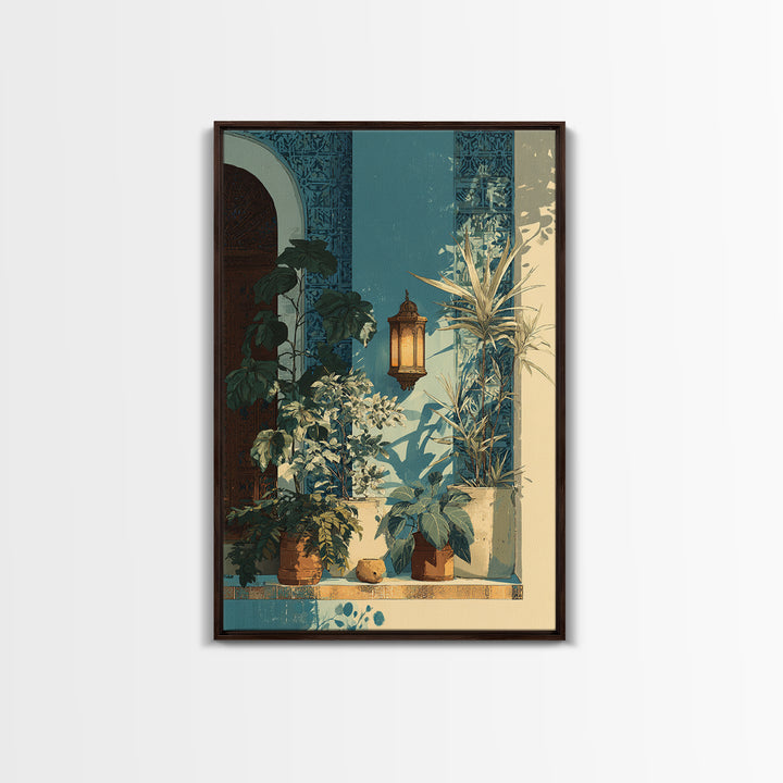 Moroccan Influenced Lantern Framed Canvas Print, Mediterranean Art, Textured Painting, Living Room Decor, Abstract Art, Azure, MAR-2x3-17