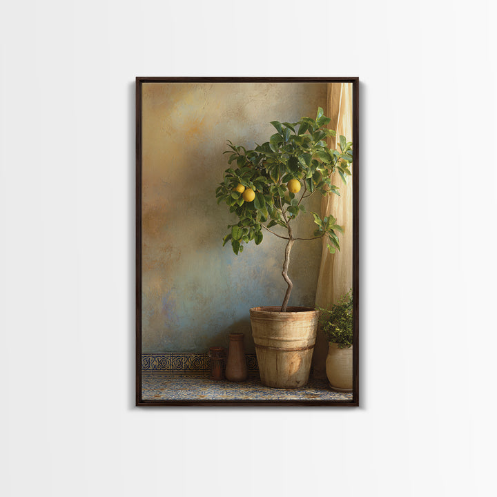 Citrus Tree in Clay Pot Framed Canvas Print, Mediterranean Art, Fine Art Print, Living Room Decor, Watercolor Art, Azure, MAR-2x3-18