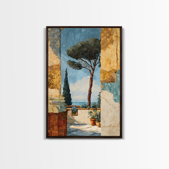Ancient Column with Sea and Sky Beyond Framed Canvas Print, Mediterranean Art, Living Room Decor, Oil Painting, Azure, MAR-2x3-20