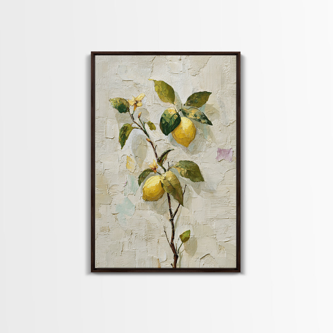 Sicilian Lemon Branch on Ivory Background Framed Canvas Print, Mediterranean Art, Boho Decor, Living Room Decor, Azure, MAR-2x3-21
