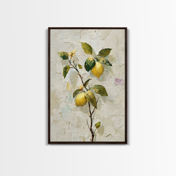 Sicilian Lemon Branch on Ivory Background Framed Canvas Print, Mediterranean Art, Boho Decor, Living Room Decor, Azure, MAR-2x3-21