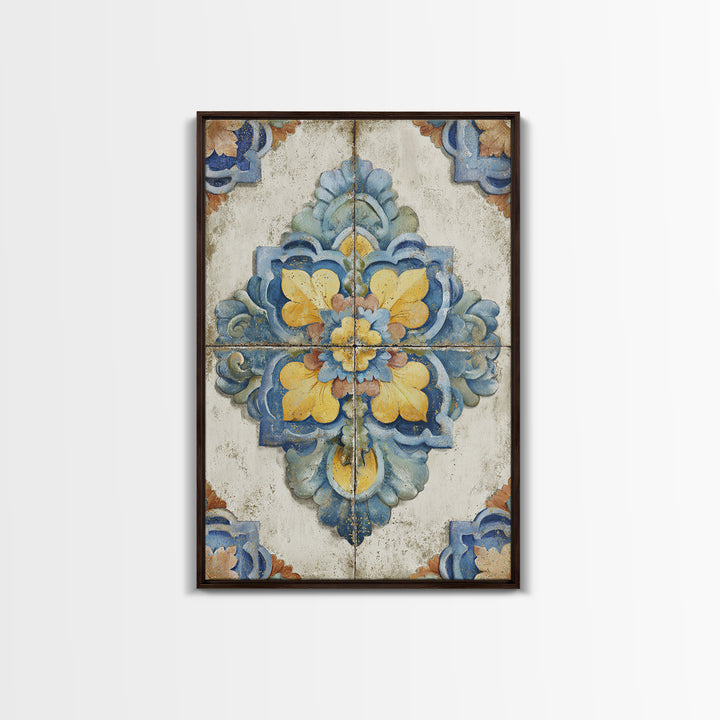 Spanish Tile Ornament Framed Canvas Print, Mediterranean Art, Nautical Decor, Living Room Decor, Azure, Coastal Wall Decor, MAR-2x3-24