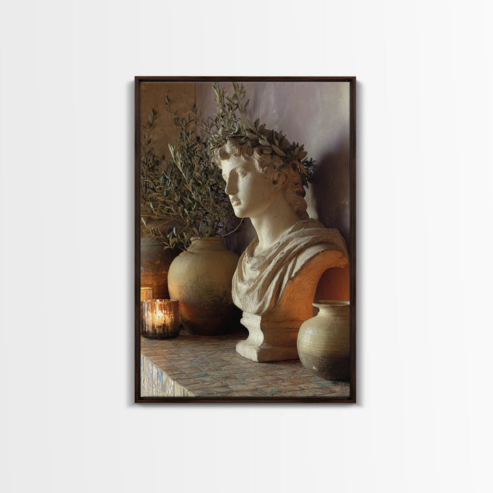 Roman Statue Bust Framed Canvas Print, Mediterranean Art, Wall Decor, Living Room Decor, Fine Art, Azure, Contemporary Art, MAR-2x3-30