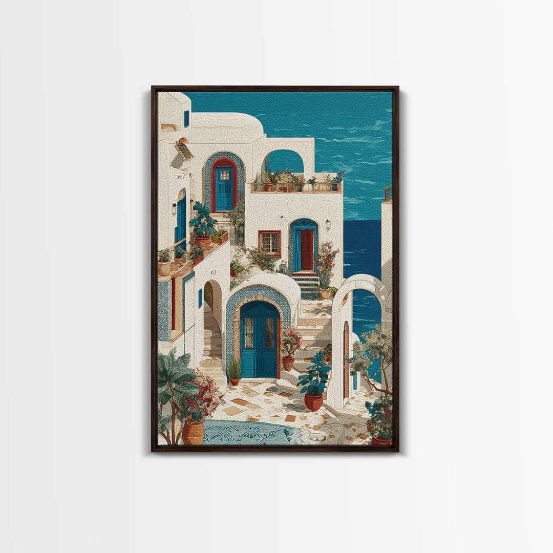 Greek Island White Buildings Above Blue Sea Framed Canvas Print, Mediterranean Art, Living Room Decor, Watercolor Art, Azure, MAR-2x3-33
