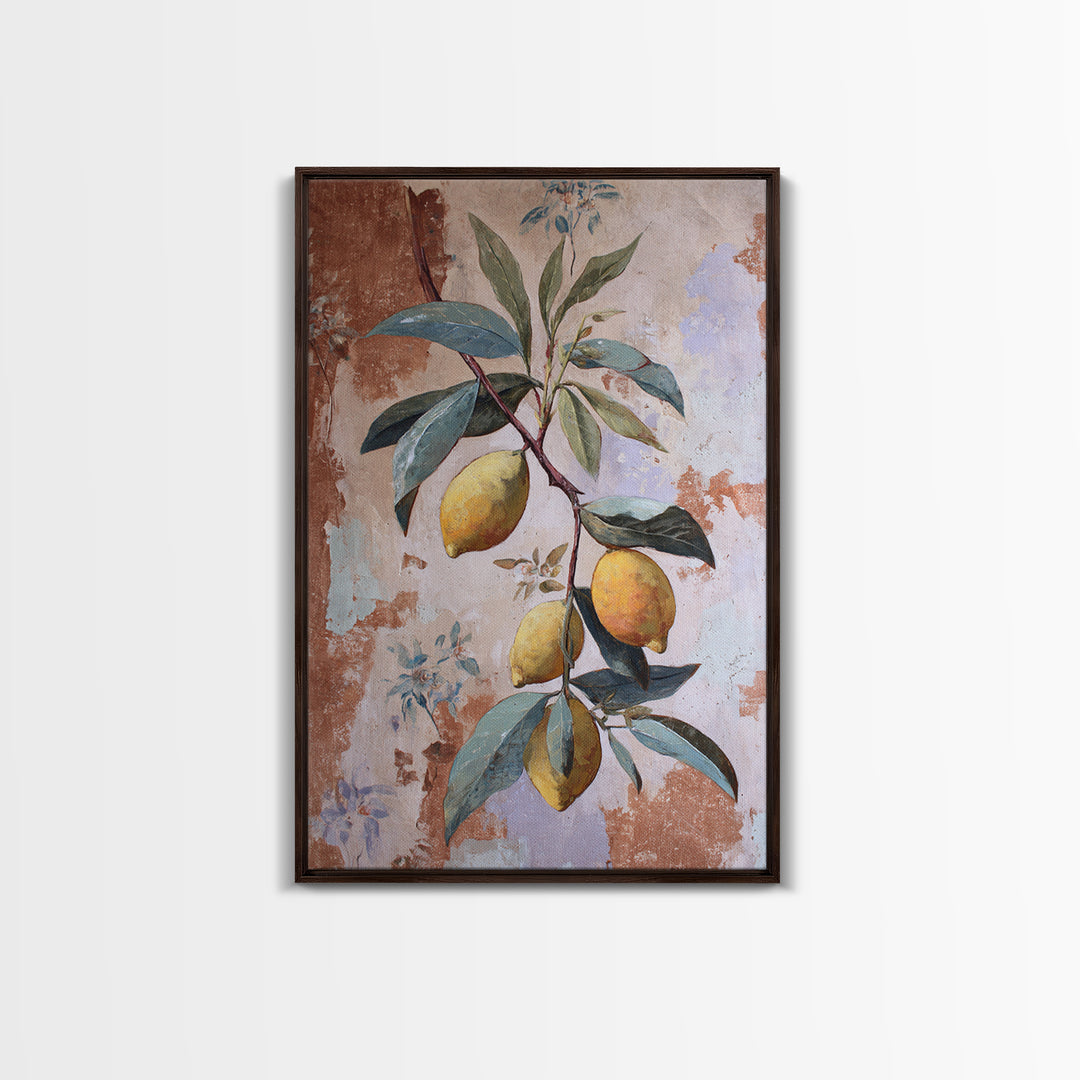 Olive Branch and Lemons on Terracotta Ground Canvas Print, Mediterranean Art, Luxury Decor, Living Room Decor, Azure, MAR-2x3-34