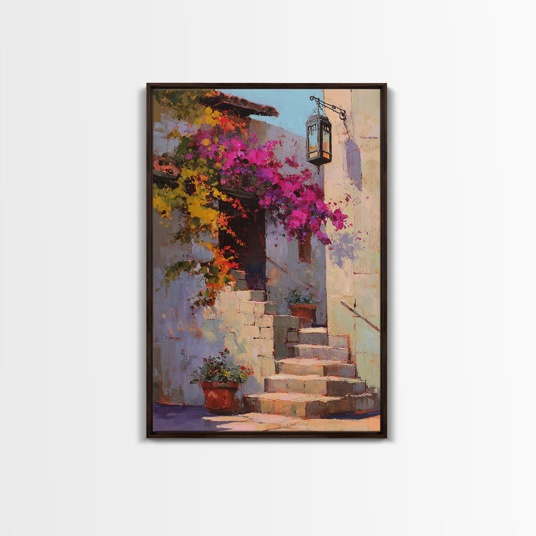 Bougainvillea Cascading over Stone Wall Framed Canvas Print, Mediterranean Art, Room Decor, Living Room Decor, Fine Art, Azure, MAR-2x3-37
