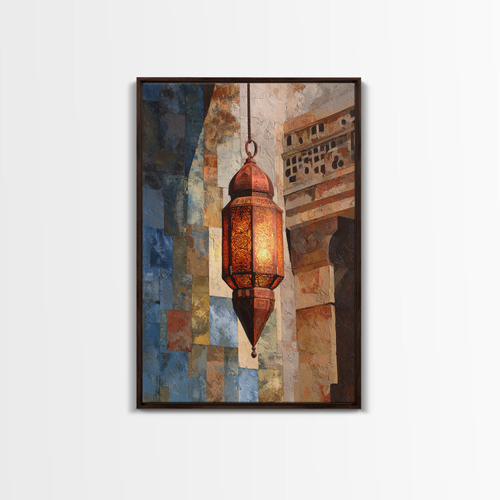 Moroccan Influenced Lantern Framed Canvas Print, Mediterranean Art, Textured Painting, Living Room Decor, Abstract Art, Azure, MAR-2x3-41