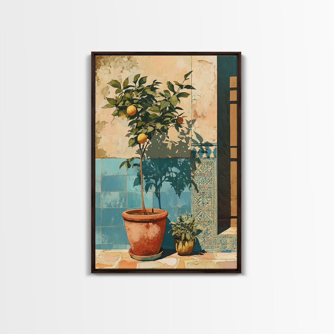 Citrus Tree in Clay Pot Framed Canvas Print, Mediterranean Art, Fine Art Print, Living Room Decor, Watercolor Art, Azure, MAR-2x3-42