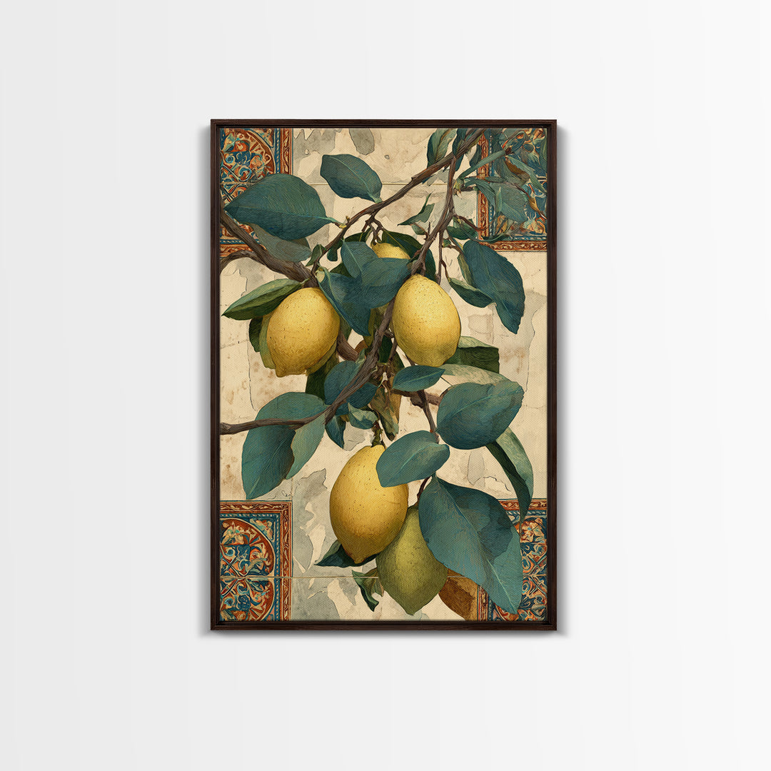 Sicilian Lemon Branch on Ivory Background Canvas Print, Mediterranean Art, Living Room Decor, Oil Painting, Azure, MAR-2x3-45