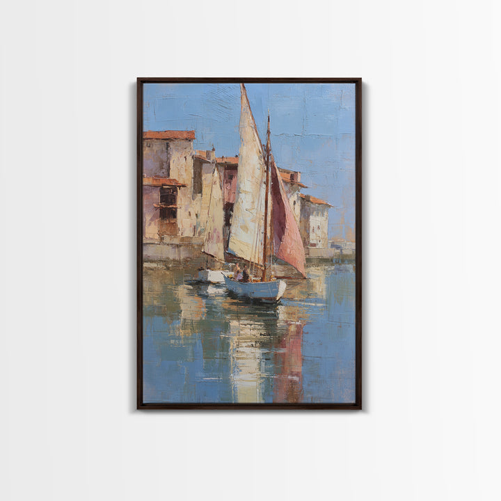 Mediterranean Sailboat on Glassy Water Canvas Print, Mediterranean Art, Boho Decor, Living Room Decor, Fine Art, Azure, MAR-2x3-50