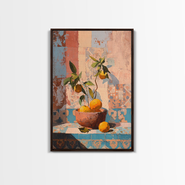 Ceramic Bowl of Oranges and Leaves Framed Canvas Print, Mediterranean Art, Living Room Decor, Oil Painting, Azure, MAR-2x3-53
