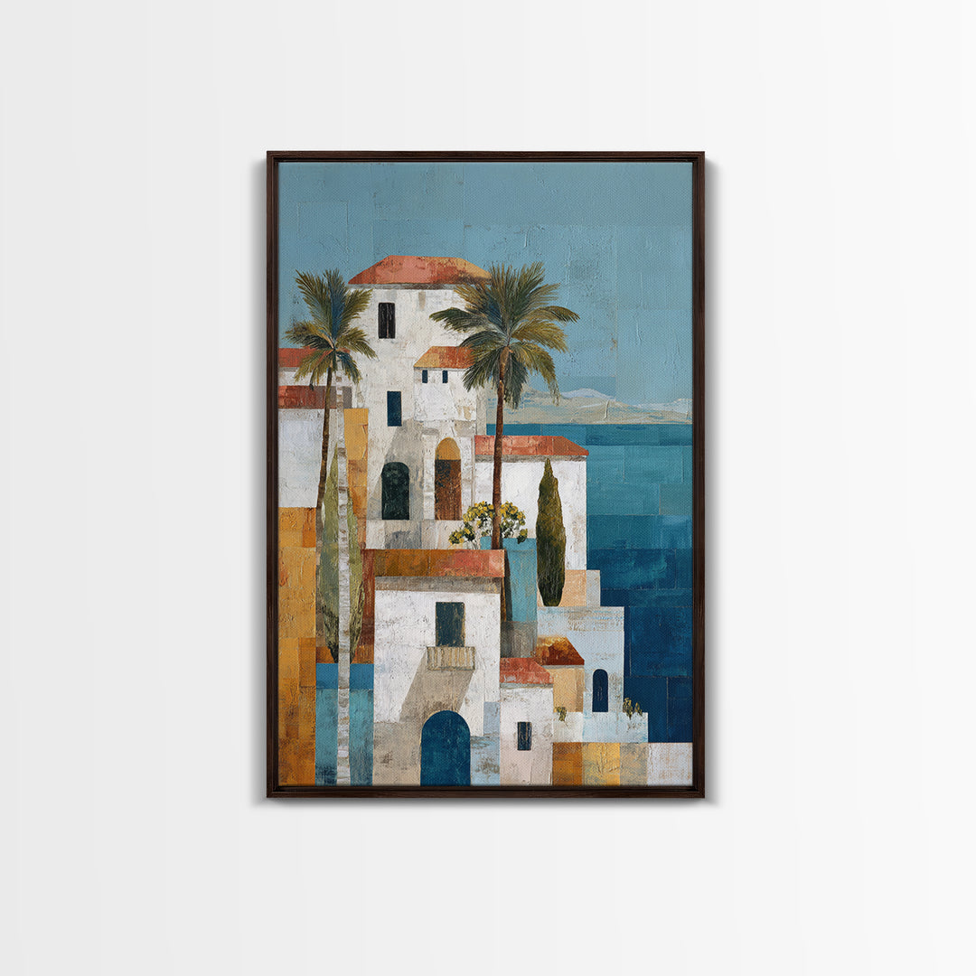 Greek Island White Buildings Above Blue Sea Canvas Print, Mediterranean Art, Framed Wall Art, Living Room Decor, Oil Painting, MAR-2x3-57