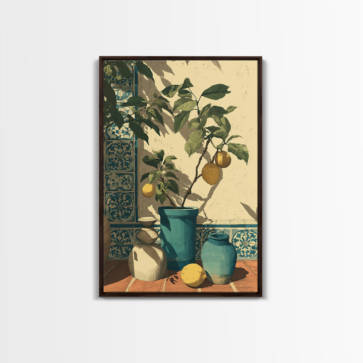 Olive Branch and Lemons on Terracotta Ground Canvas Print, Mediterranean Art, Contemporary Art, Living Room Decor, Azure, MAR-2x3-58