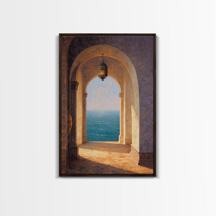 Mediterranean Arch Framing Ocean Horizon Framed Canvas Print, Mediterranean Art, Boho Decor, Living Room Decor, Fine Art, Azure, MAR-2x3-59