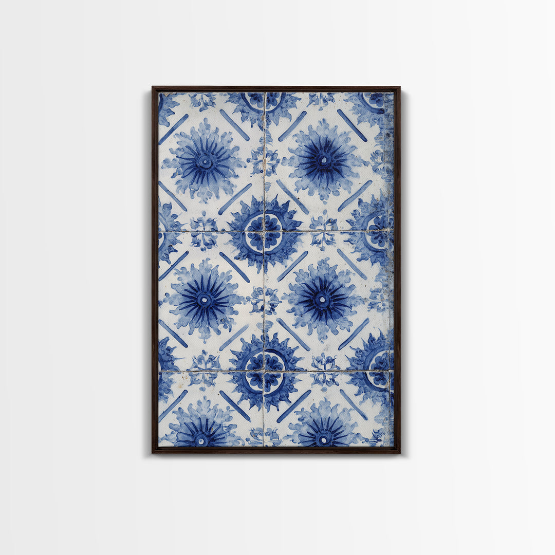 Blue and White Tile Pattern Framed Canvas Print, Mediterranean Art, Statement Artwork, Living Room Decor, Fine Art, Azure, MAR-2x3-60