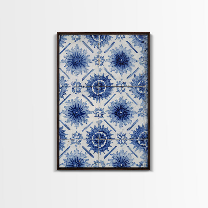 Blue and White Tile Pattern Framed Canvas Print, Mediterranean Art, Statement Artwork, Living Room Decor, Fine Art, Azure, MAR-2x3-60