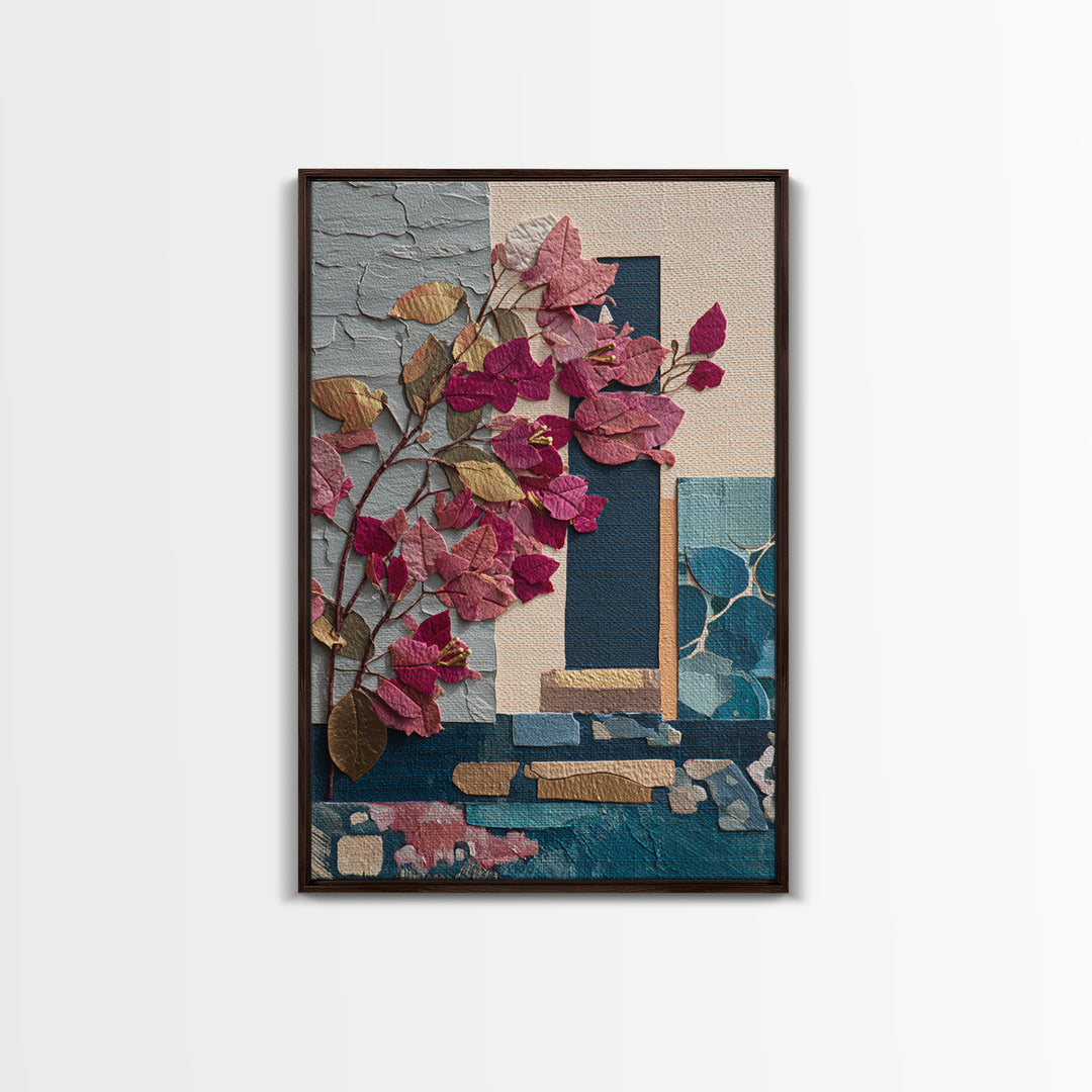 Bougainvillea Cascading over Stone Wall Canvas Print, Mediterranean Art, Printable Wall Art, Living Room Decor, Fine Art, Azure, MAR-2x3-61