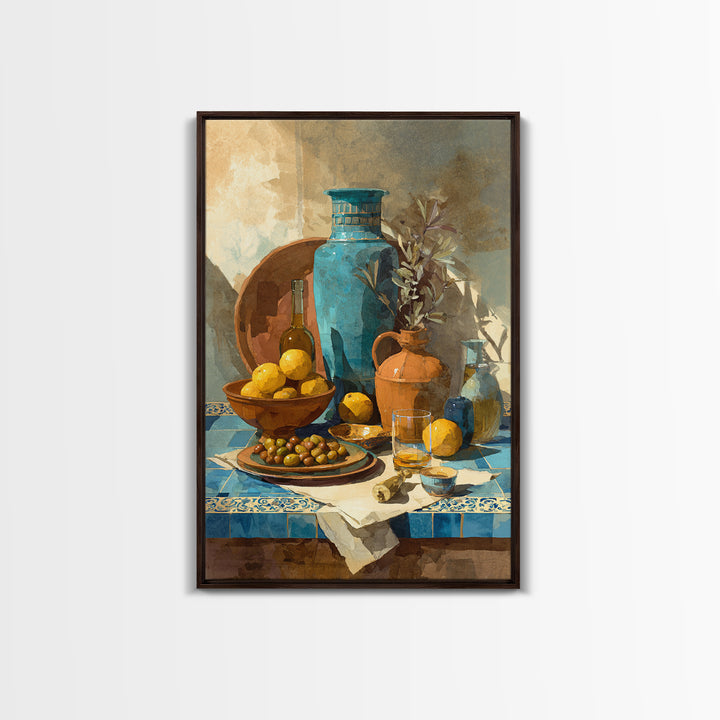 Figs Olives and Cheese Still Life Framed Canvas Print, Mediterranean Art, Gallery Decor, Living Room Decor, Fine Art, Azure, MAR-2x3-64