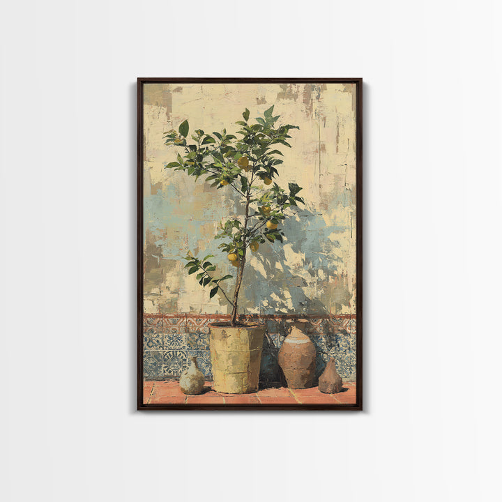 Citrus Tree in Clay Pot Canvas Print, Mediterranean Art, Room Decor, Living Room Decor, Oil Painting, Azure, Printable Art, MAR-2x3-66
