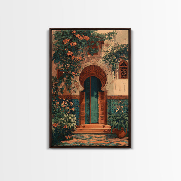 Sunlit Courtyard Doorway Canvas Print, Mediterranean Art, Luxury Decor, Living Room Decor, Fine Art, Azure, Framed Wall Art, MAR-2x3-67
