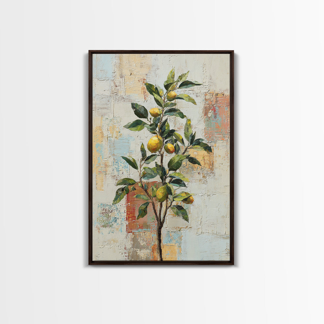 Sicilian Lemon Branch on Ivory Background Framed Canvas Print, Mediterranean Art, Oil Painting, Living Room Decor, MAR-2x3-69