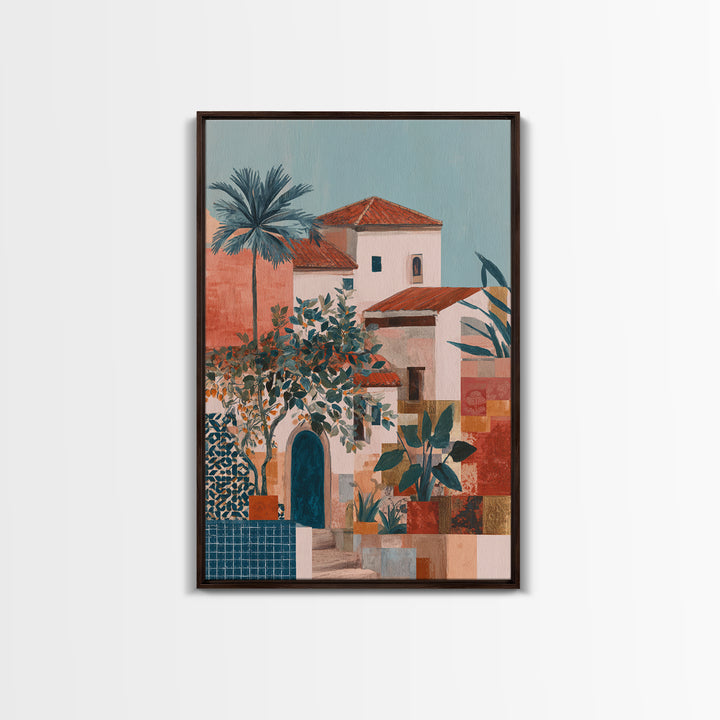 Sunset over Red Tiled Rooftops Canvas Print, Mediterranean Art, Watercolor Painting, Living Room Decor, Fine Art, Azure, MAR-2x3-7