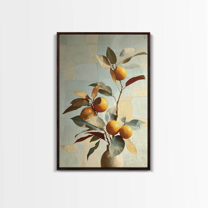 Ceramic Bowl of Oranges and Leaves Canvas Print, Mediterranean Art, Large Wall Art, Living Room Decor, Fine Art, Azure, MAR-2x3-77