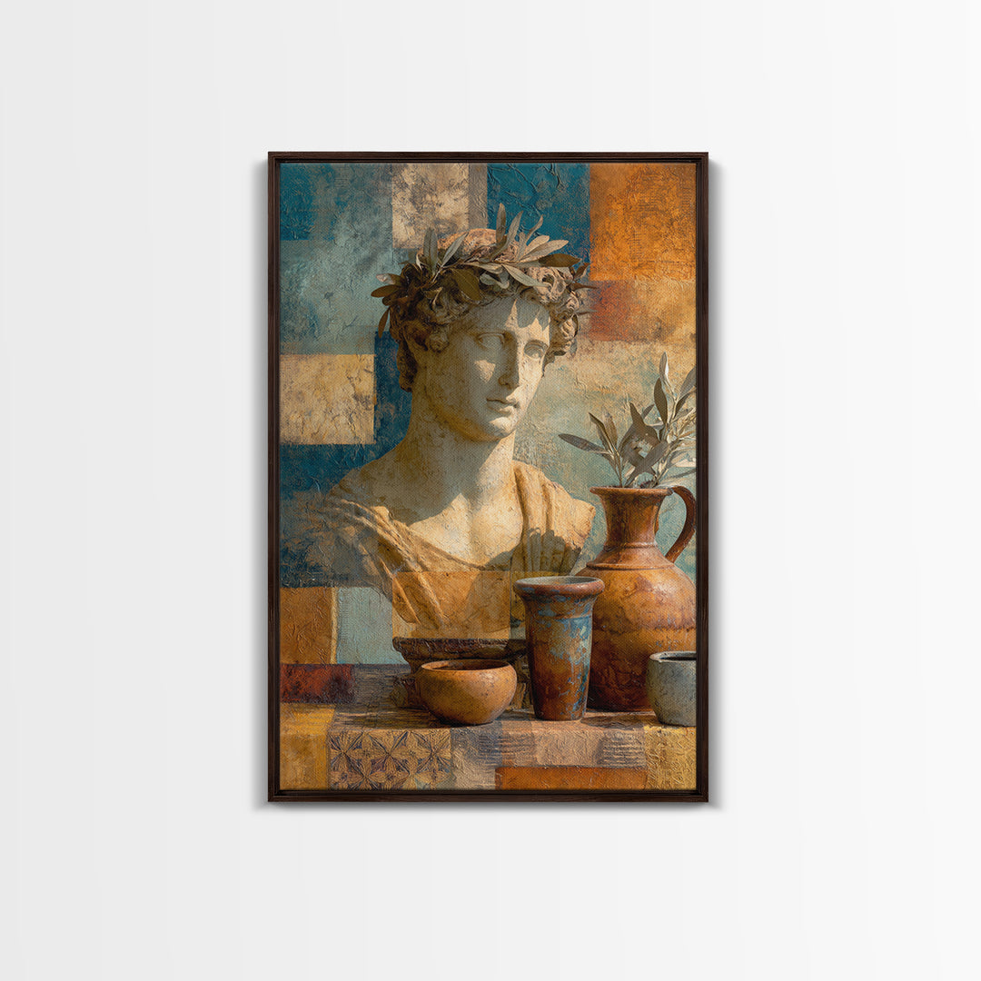 Roman Statue Bust Framed Canvas Print, Mediterranean Art, Minimalist Decor, Living Room Decor, Azure, Horizontal Wall Art, MAR-2x3-78