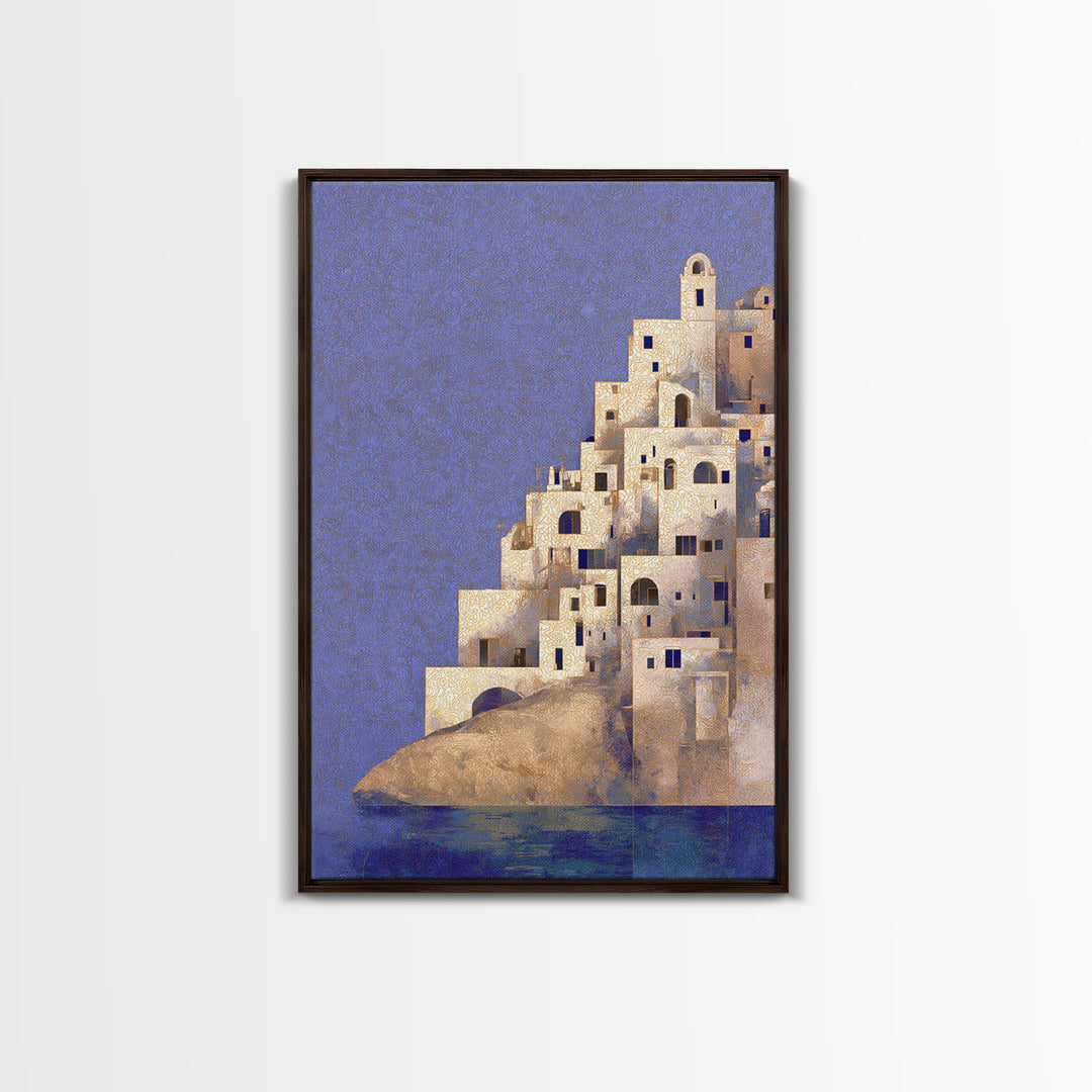 Greek Island White Buildings Above Blue Sea Canvas Print, Mediterranean Art, Framed Wall Art, Living Room Decor, Oil Painting, MAR-2x3-81