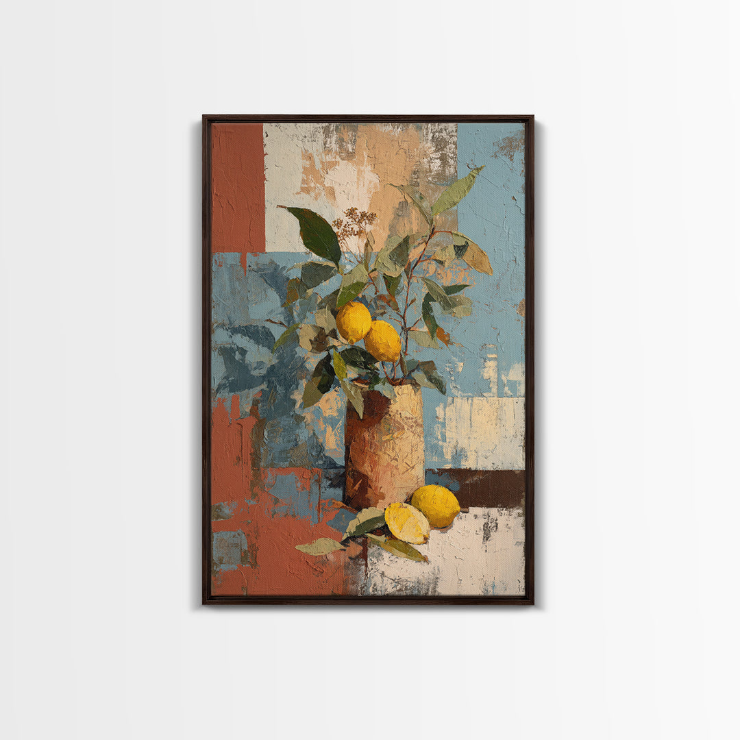 Olive Branch and Lemons on Terracotta Ground Canvas Print, Mediterranean Art, Contemporary Art, Living Room Decor, Azure, MAR-2x3-82