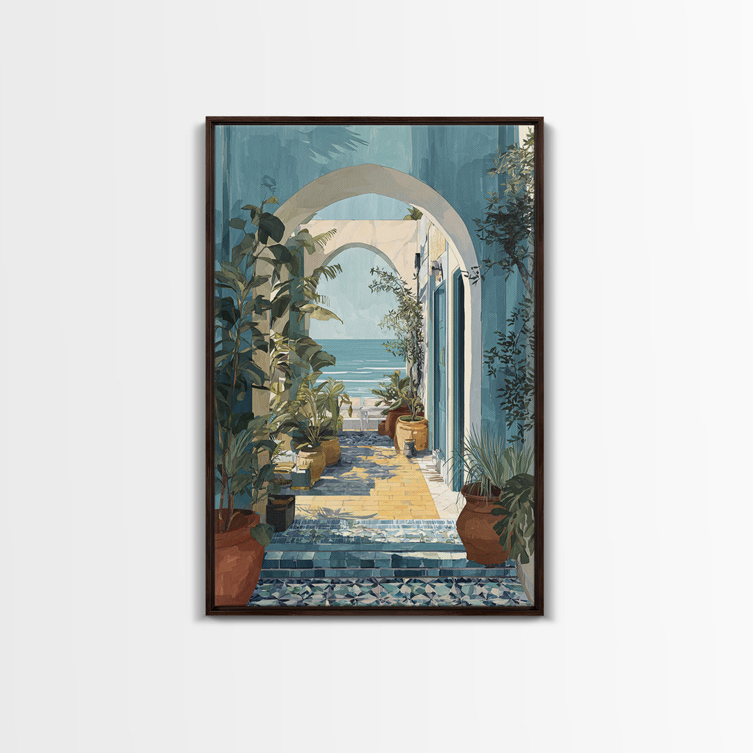 Mediterranean Arch Framing Ocean Horizon Framed Canvas Print, Mediterranean Art, Oil Painting, Living Room Decor, Azure, MAR-2x3-83