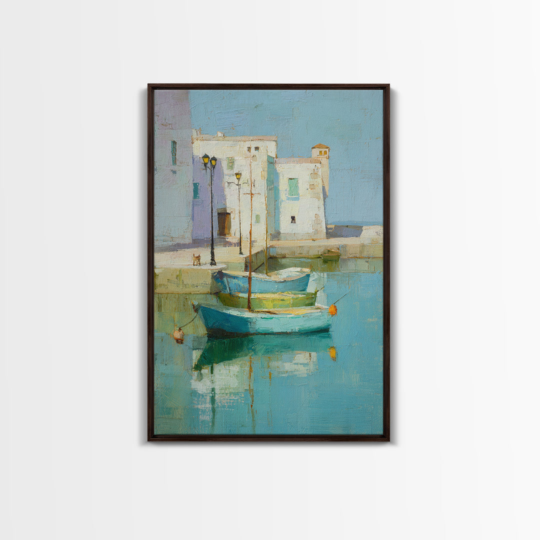 Coastal Fishing Boats Framed Canvas Print, Mediterranean Art, Digital Wall Art, Living Room Decor, Azure, Coastal Wall Art, MAR-2x3-87