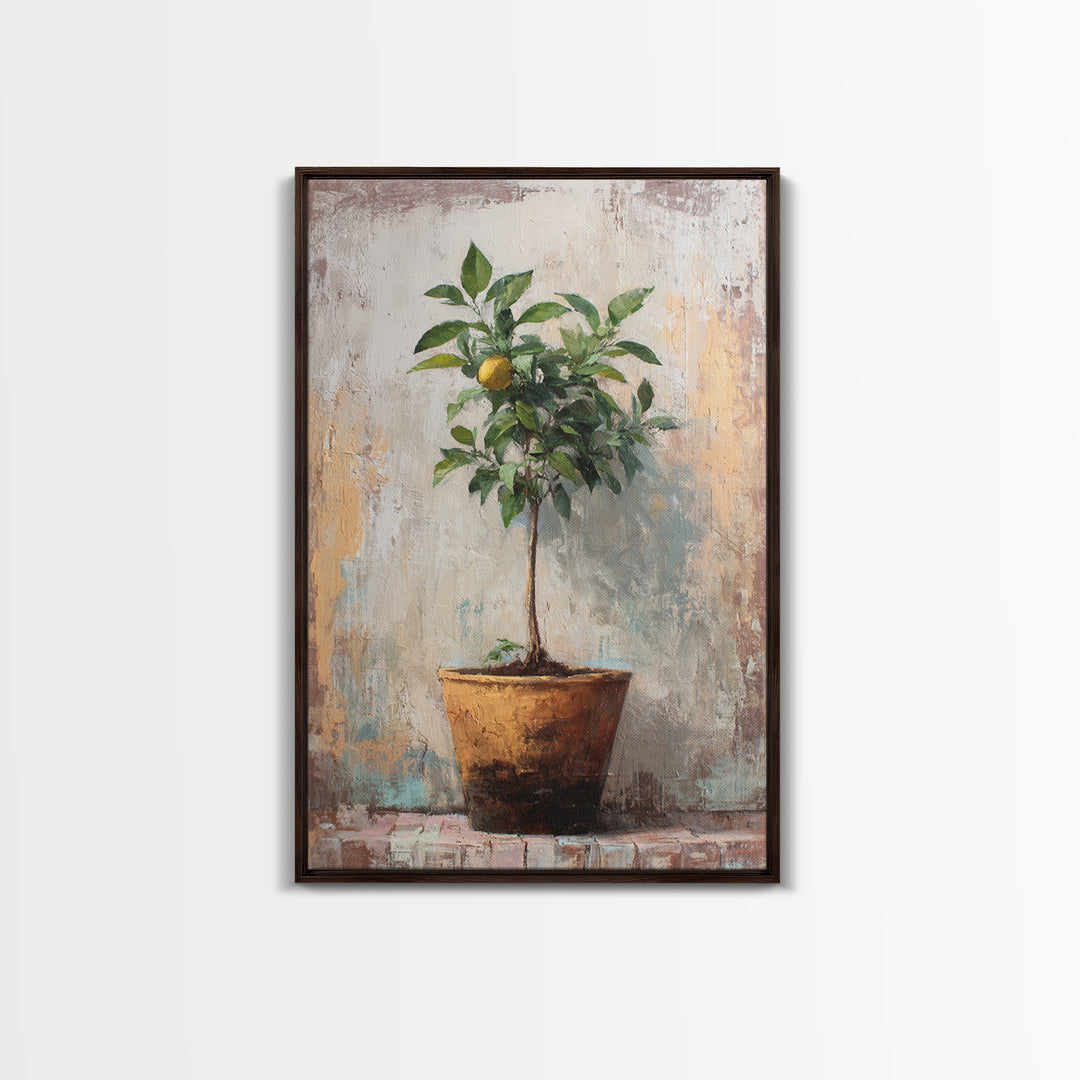 Citrus Tree in Clay Pot Framed Canvas Print, Mediterranean Art, Printable Wall Art, Living Room Decor, Fine Art, Azure, MAR-2x3-90