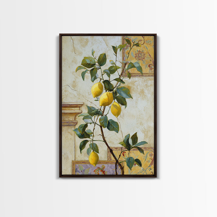 Sicilian Lemon Branch on Ivory Background Framed Canvas Print, Mediterranean Art, Oil Painting, Living Room Decor, MAR-2x3-93