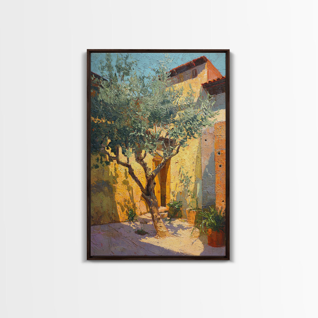 Olive Grove under Pale Morning Light Framed Canvas Print, Mediterranean Art, Digital Wall Art, Living Room Decor, Azure, MAR-2x3-97