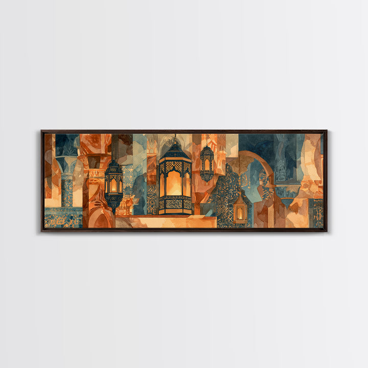 Moroccan Influenced Lantern Framed Canvas Print, Mediterranean Art, Digital Print, Living Room Decor, Fine Art, Azure, MAR-3x1-1