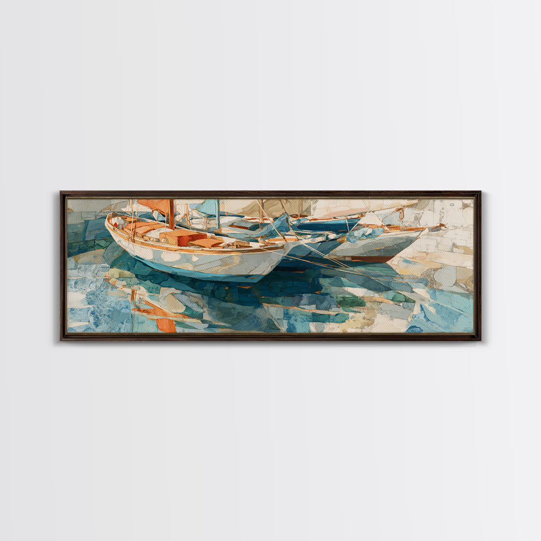 Mediterranean Sailboat on Glassy Water Framed Canvas Print, Mediterranean Art, Textured Painting, Living Room Decor, Azure, MAR-3x1-10