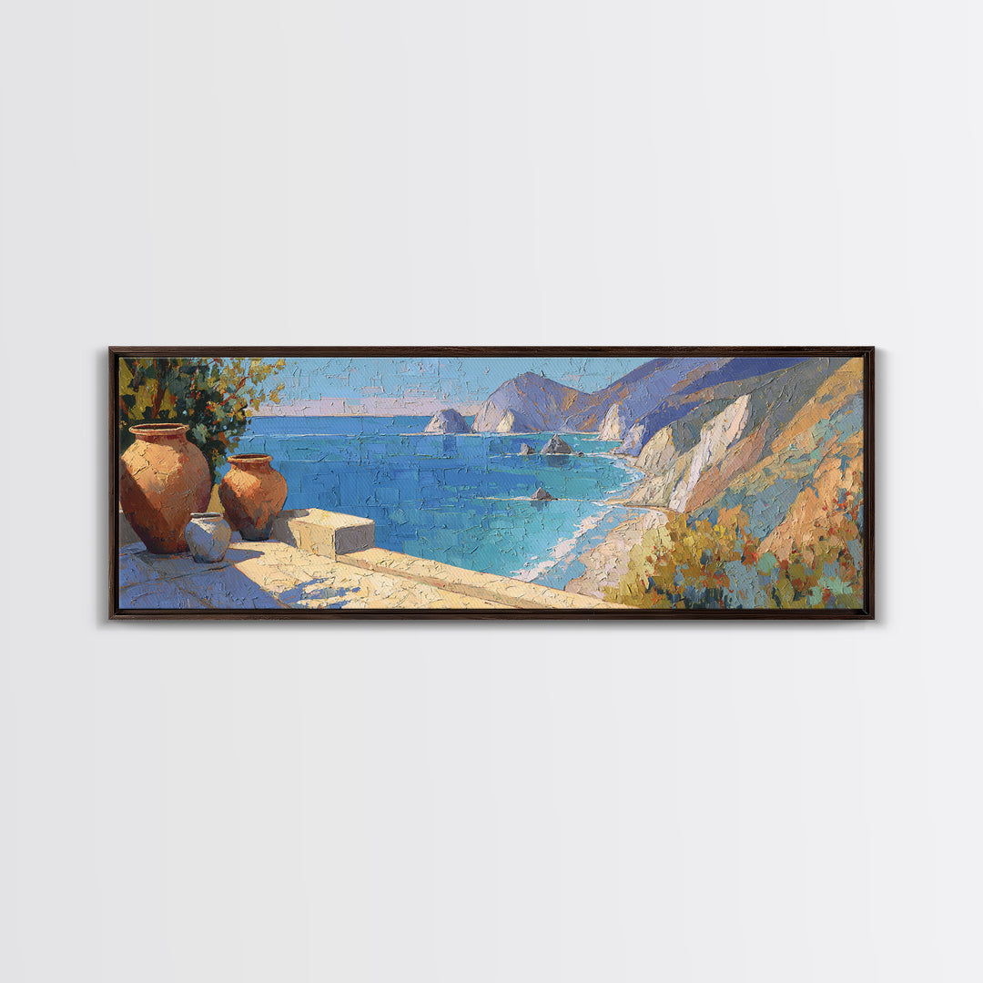 Coastal Cliffs with Sparkling Blue Water Framed Canvas Print, Mediterranean Art, Coastal Art, Living Room Decor, Azure, MAR-3x1-12