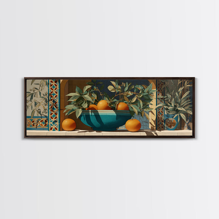 Ceramic Bowl of Oranges and Leaves Canvas Print, Mediterranean Art, Digital Wall Art, Living Room Decor, Fine Art, Azure, MAR-3x1-13
