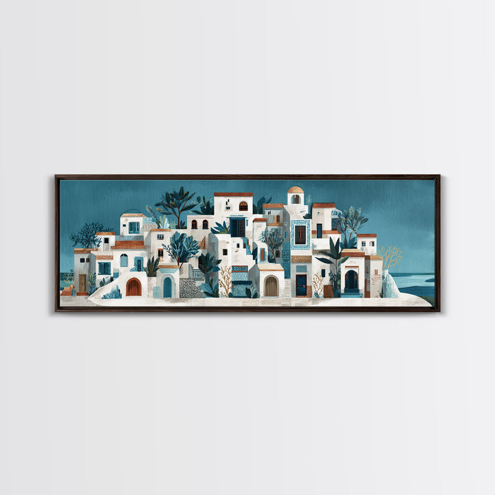 Greek Island White Buildings Above Blue Sea Canvas Print, Mediterranean Art, Horizontal Wall Art, Living Room Decor, Azure, MAR-3x1-17