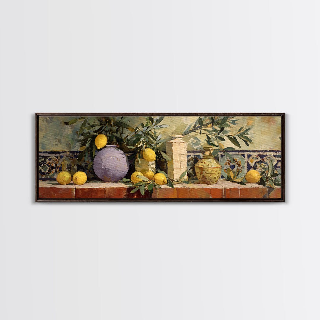 Olive Branch and Lemons on Terracotta Ground Canvas Print, Mediterranean Art, Digital Wall Art, Living Room Decor, Azure, MAR-3x1-18