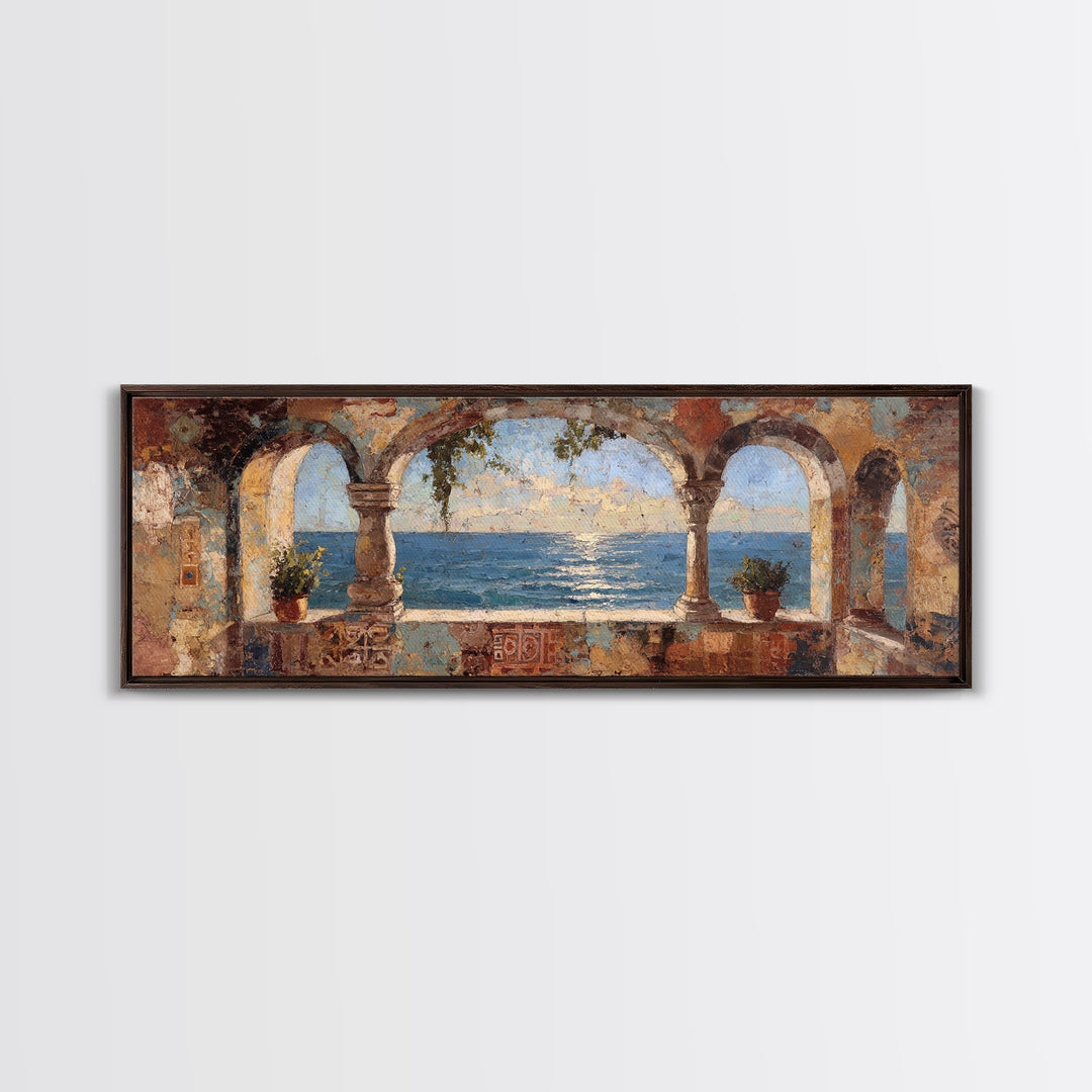 Mediterranean Arch Framing Ocean Horizon Canvas Print, Mediterranean Art, Wall Decor, Living Room Decor, Fine Art, Azure, MAR-3x1-19