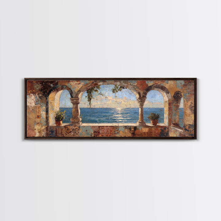 Mediterranean Arch Framing Ocean Horizon Canvas Print, Mediterranean Art, Wall Decor, Living Room Decor, Fine Art, Azure, MAR-3x1-19