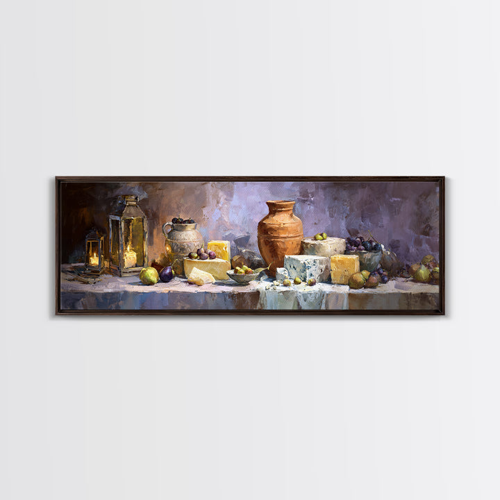 Figs Olives and Cheese Still Life Canvas Print, Mediterranean Art, Downloadable Art, Living Room Decor, Fine Art, Azure, MAR-3x1-24