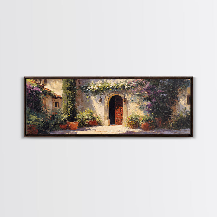 Sunlit Courtyard Doorway Framed Canvas Print, Mediterranean Art, Modern Decor, Living Room Decor, Fine Art, Azure, MAR-3x1-27