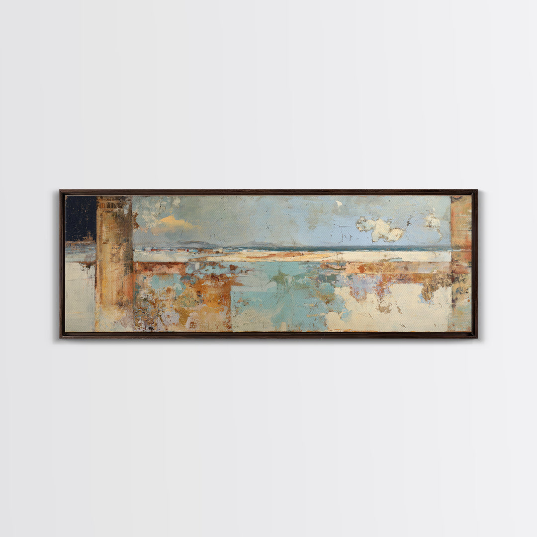 Ancient Column with Sea and Sky Beyond Framed Canvas Print, Mediterranean Art, Beach Prints, Living Room Decor, Oil Painting, MAR-3x1-28