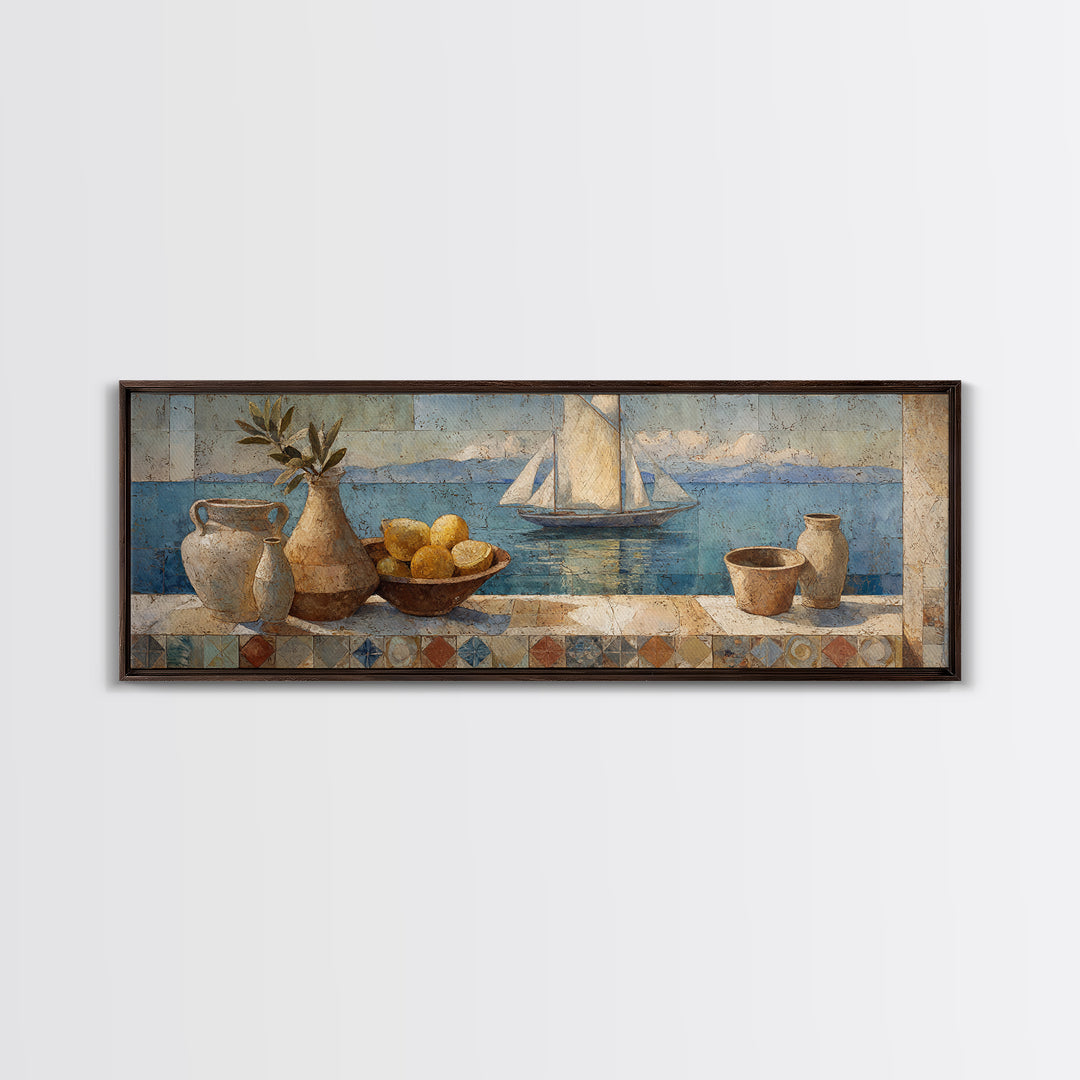 Mediterranean Sailboat on Glassy Water Canvas Print, Mediterranean Art, Living Room Decor, Abstract Art, Azure, MAR-3x1-34
