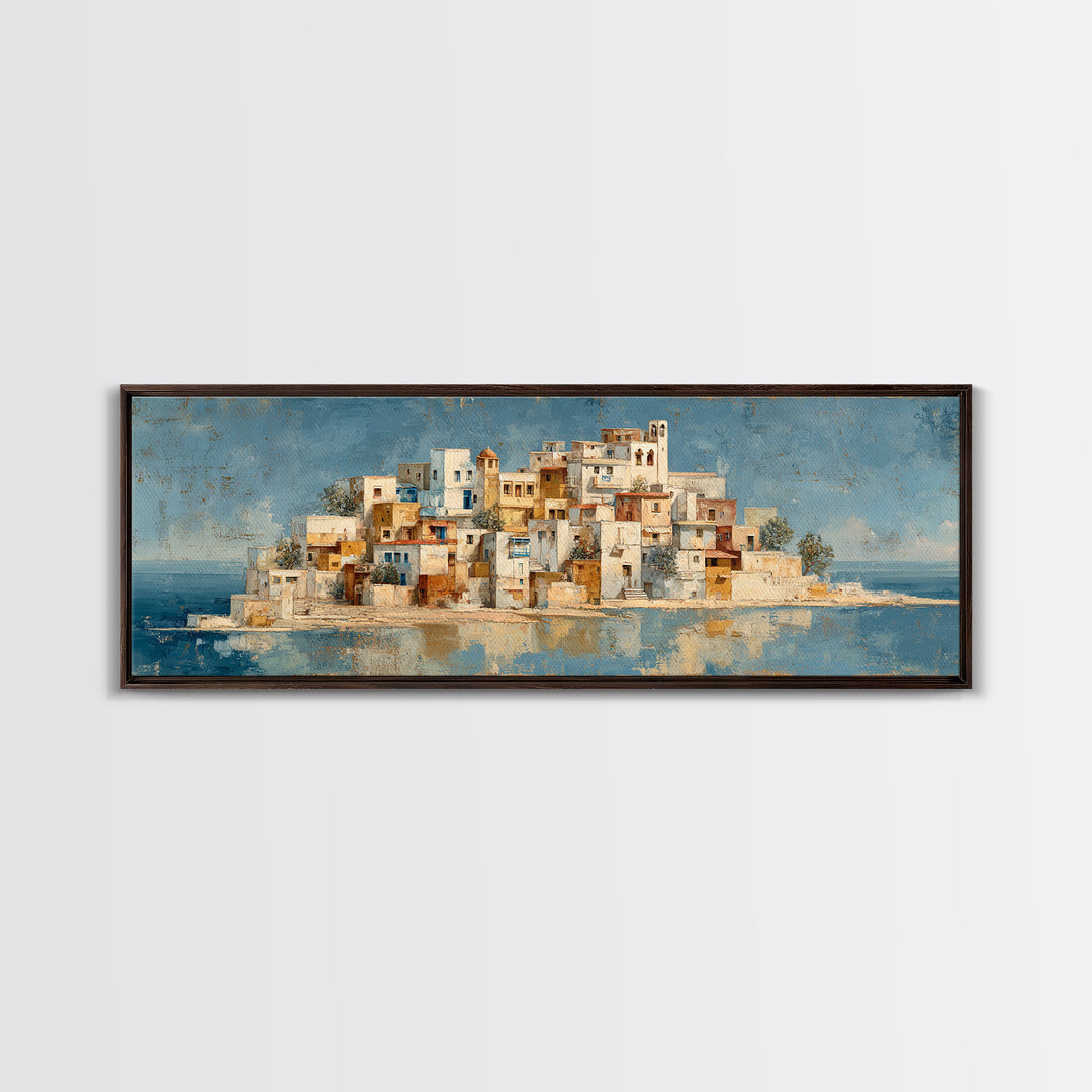 Greek Island White Buildings Above Blue Sea Canvas Print, Mediterranean Art, Coastal Wall Art, Living Room Decor, MAR-3x1-41